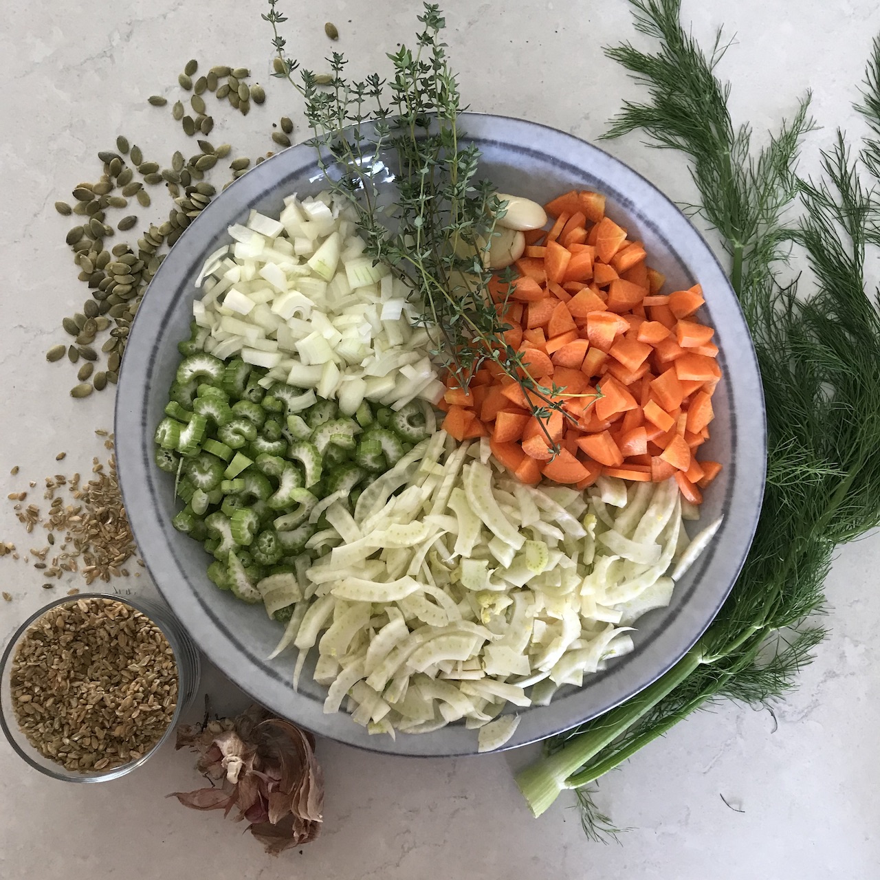 Fennel and freekeh soup ingredients